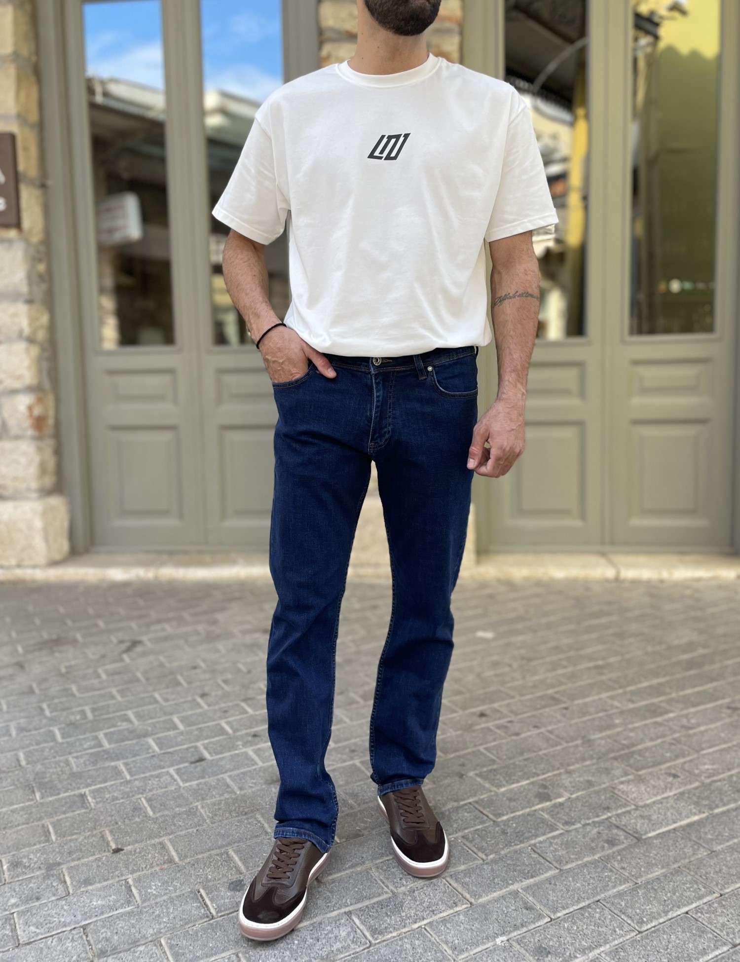 Ανδρικό μπλε σκούρο τζιν ελαστικό σε ίσια γραμμή LC17608 φωτογραφία